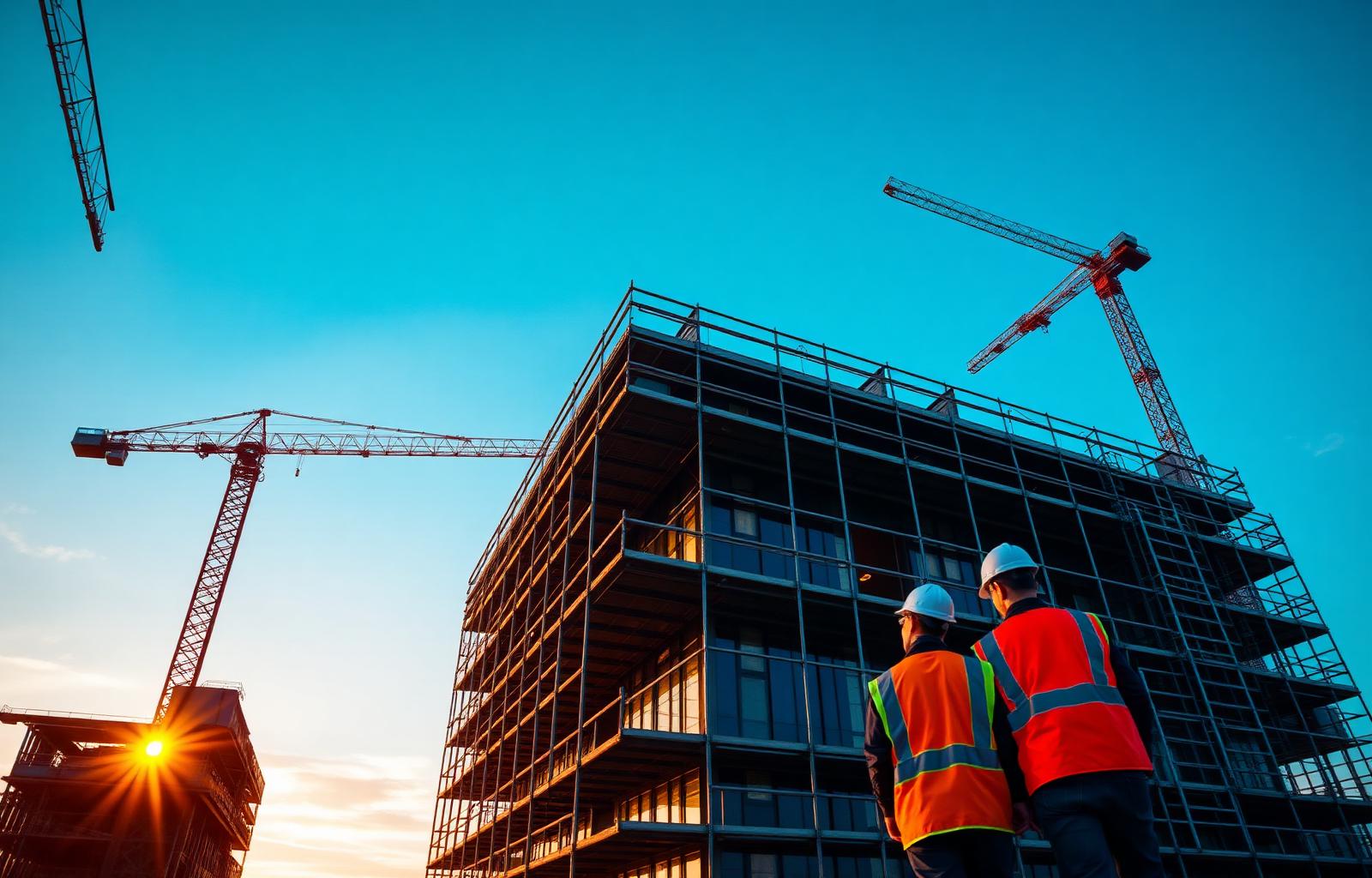 UK construction site at sunset with workers in hi-vis vests