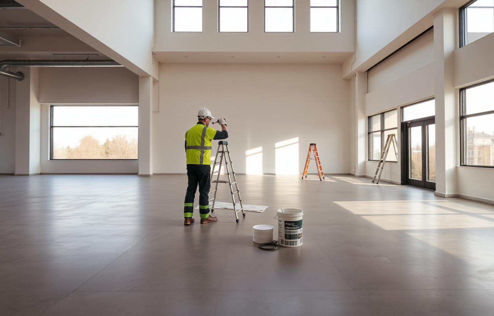 Worker finishing a bright modern UK building interior